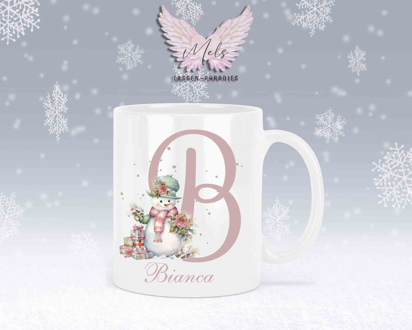 Schneemann Rosa-Alphabet mit Name - Personalisierte Keramik-Tasse Weiß