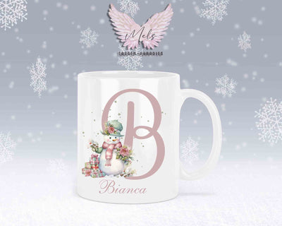Schneemann Rosa-Alphabet mit Name - Personalisierte Keramik-Tasse Weiß
