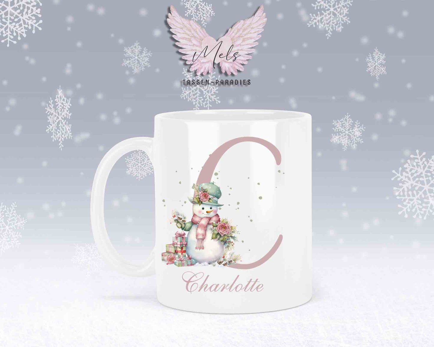 Schneemann Rosa-Alphabet mit Name - Personalisierte Keramik-Tasse Weiß