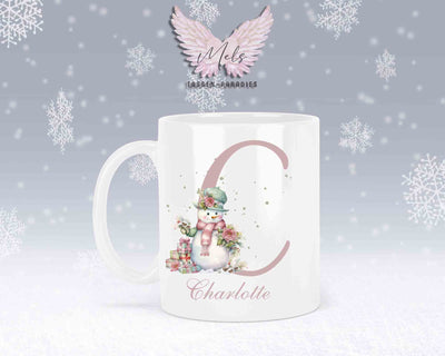 Schneemann Rosa-Alphabet mit Name - Personalisierte Keramik-Tasse Weiß