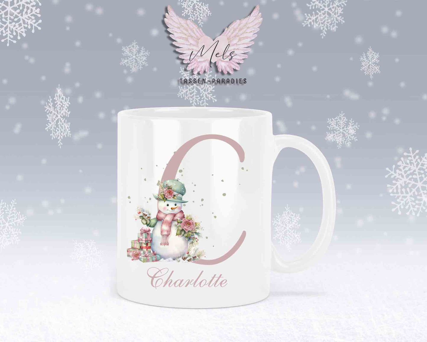 Schneemann Rosa-Alphabet mit Name - Personalisierte Keramik-Tasse Weiß