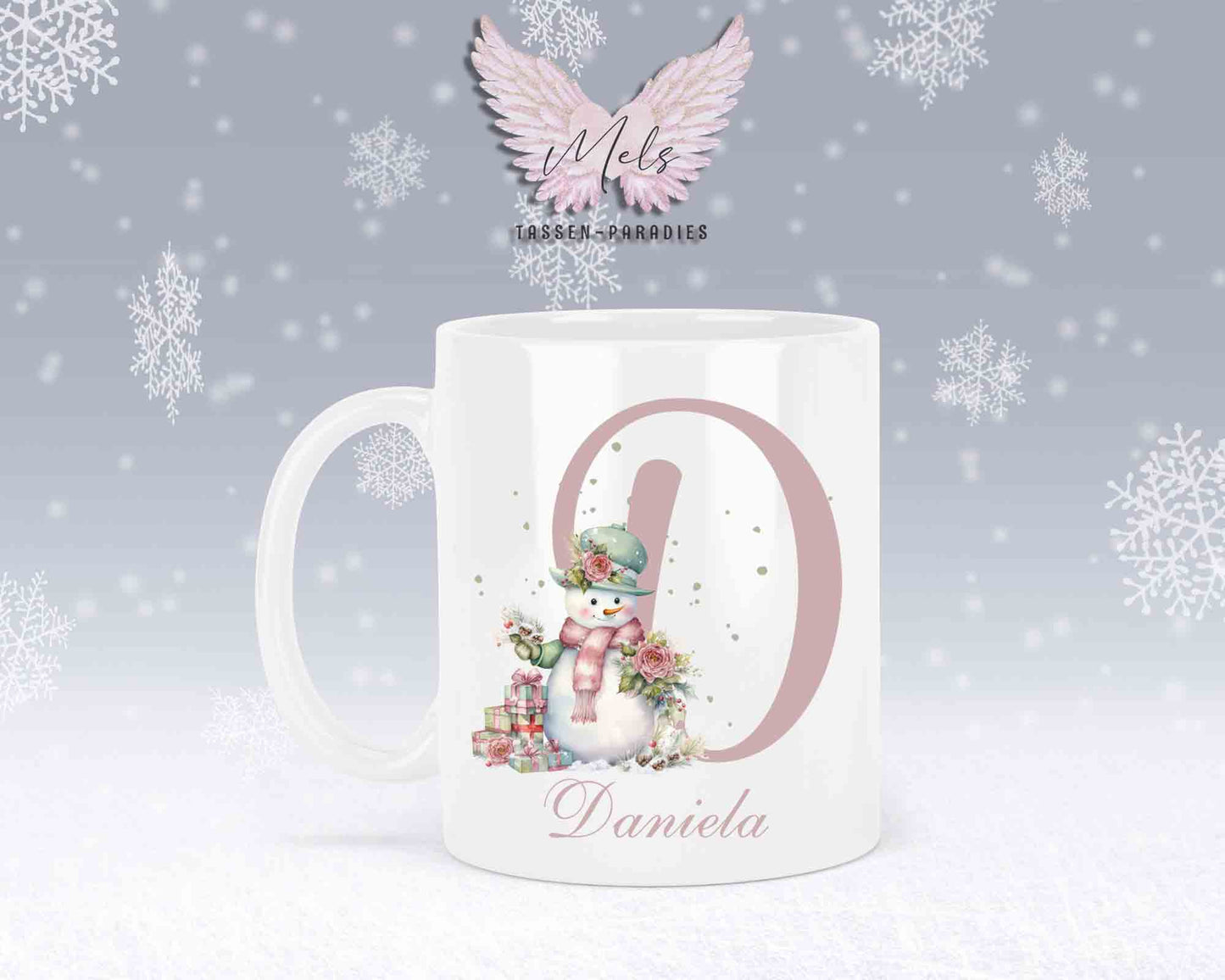 Schneemann Rosa-Alphabet mit Name - Personalisierte Keramik-Tasse Weiß