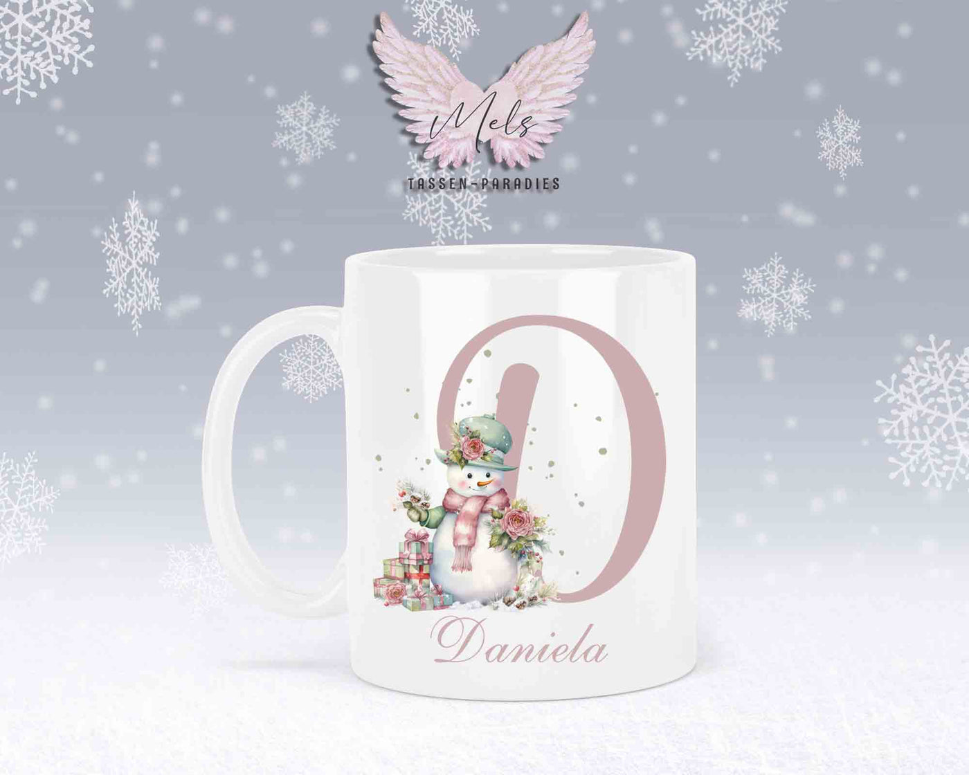 Schneemann Rosa-Alphabet mit Name - Personalisierte Keramik-Tasse Weiß