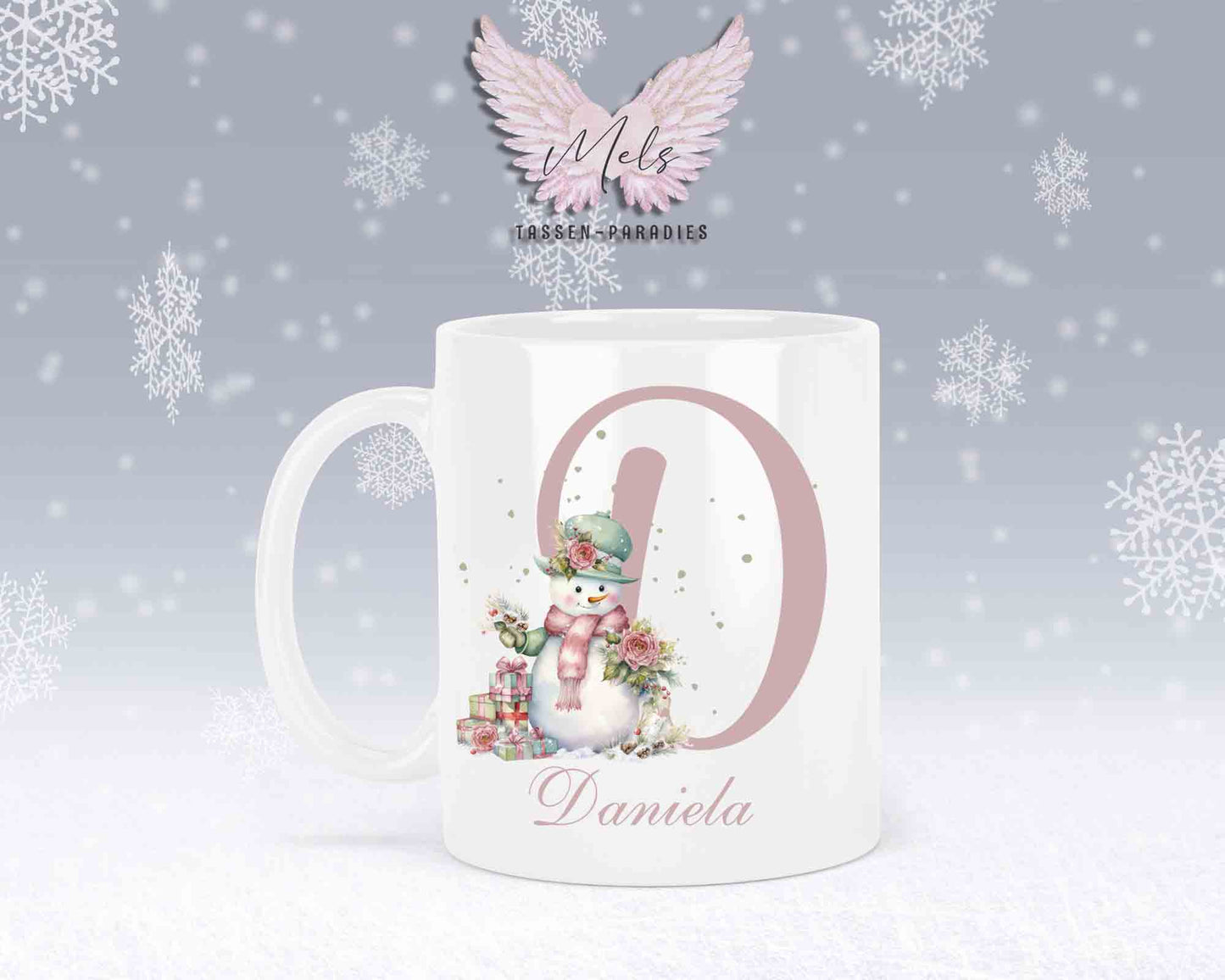 Schneemann Rosa-Alphabet mit Name - Personalisierte Keramik-Tasse Weiß