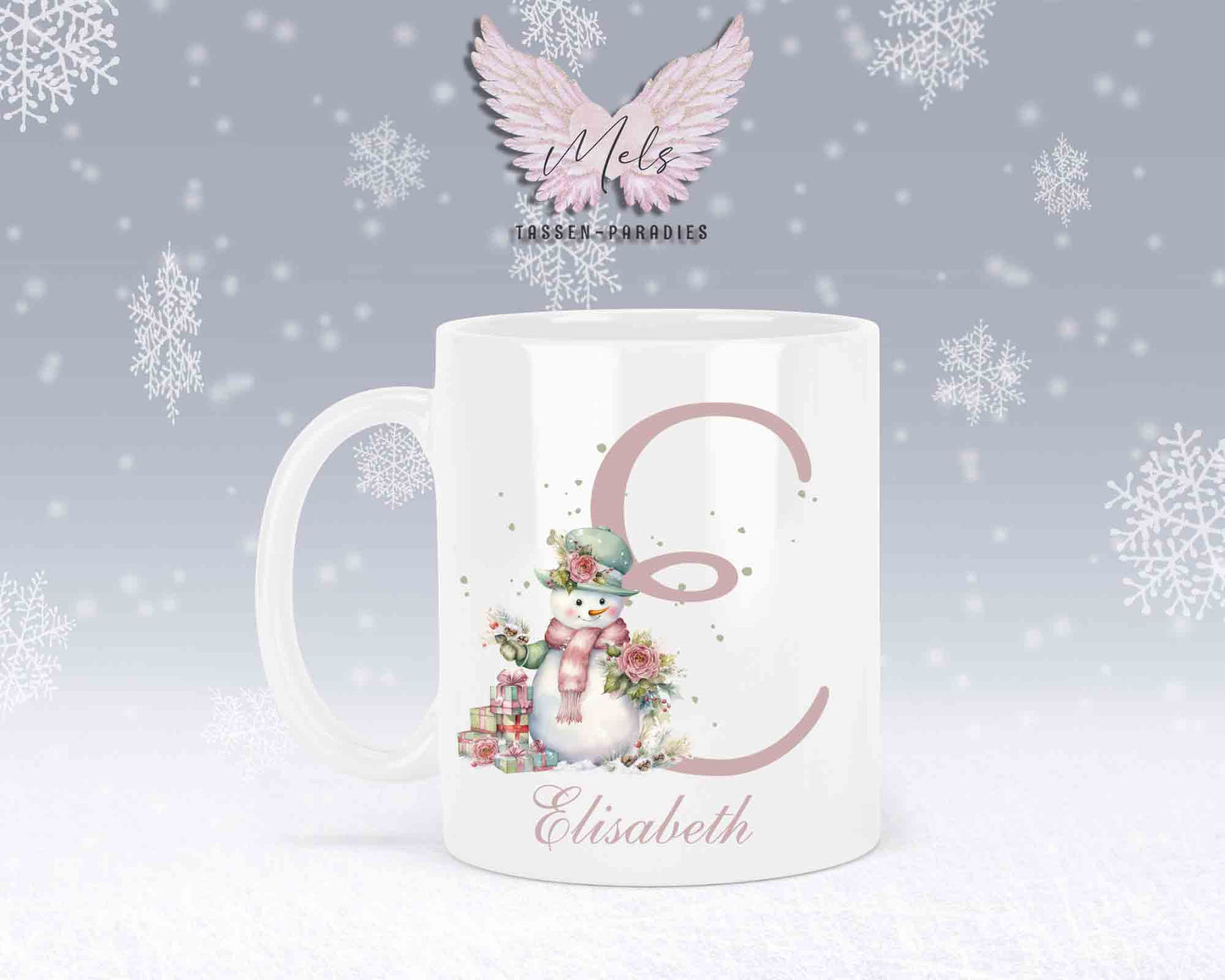 Schneemann Rosa-Alphabet mit Name - Personalisierte Keramik-Tasse Weiß