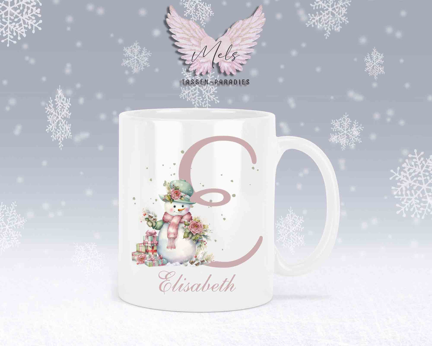 Schneemann Rosa-Alphabet mit Name - Personalisierte Keramik-Tasse Weiß