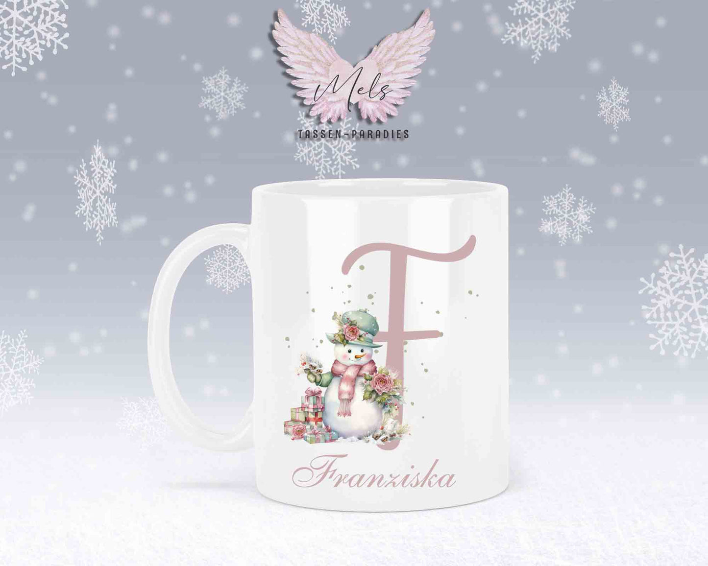 Schneemann Rosa-Alphabet mit Name - Personalisierte Keramik-Tasse Weiß