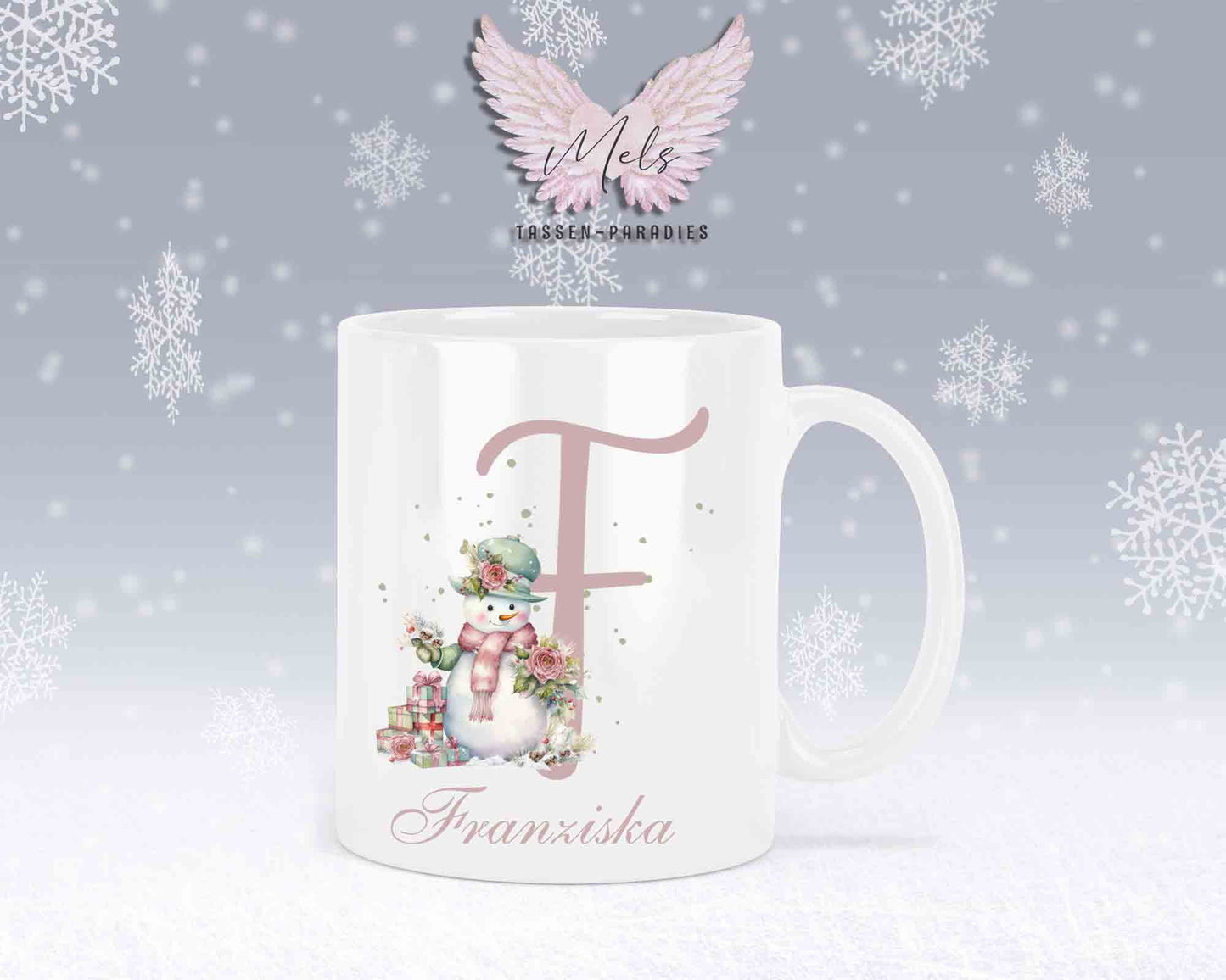 Schneemann Rosa-Alphabet mit Name - Personalisierte Keramik-Tasse Weiß