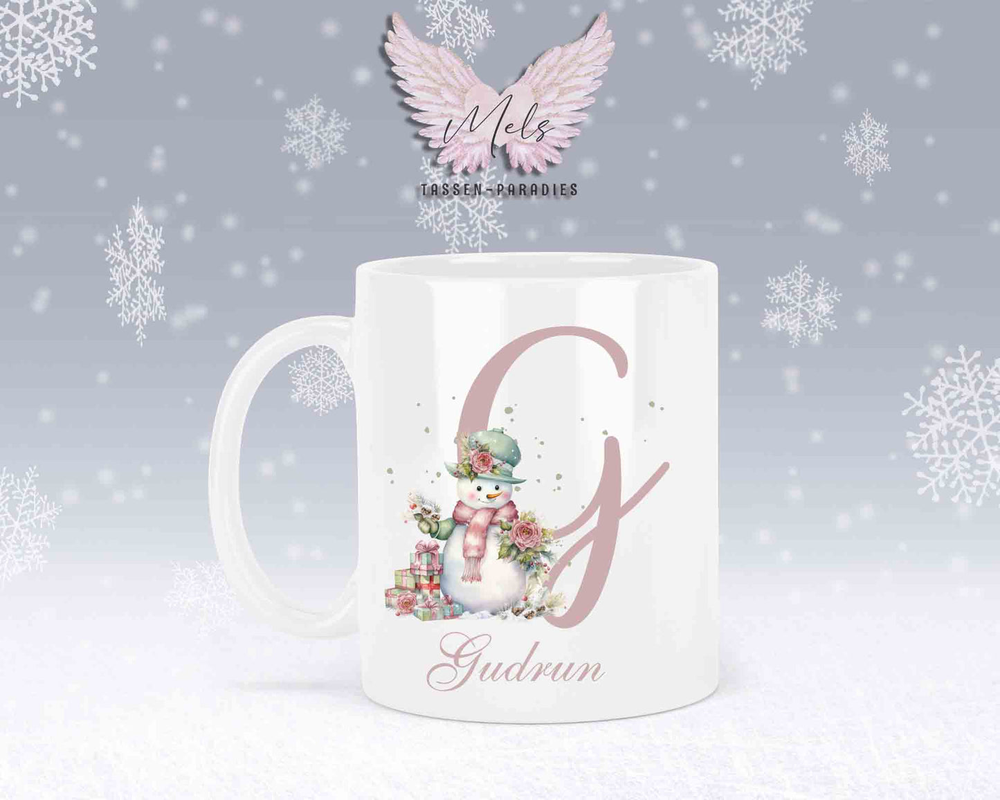 Schneemann Rosa-Alphabet mit Name - Personalisierte Keramik-Tasse Weiß