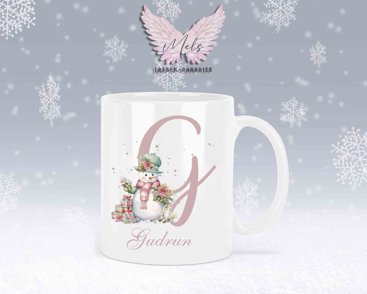 Schneemann Rosa-Alphabet mit Name - Personalisierte Keramik-Tasse Weiß