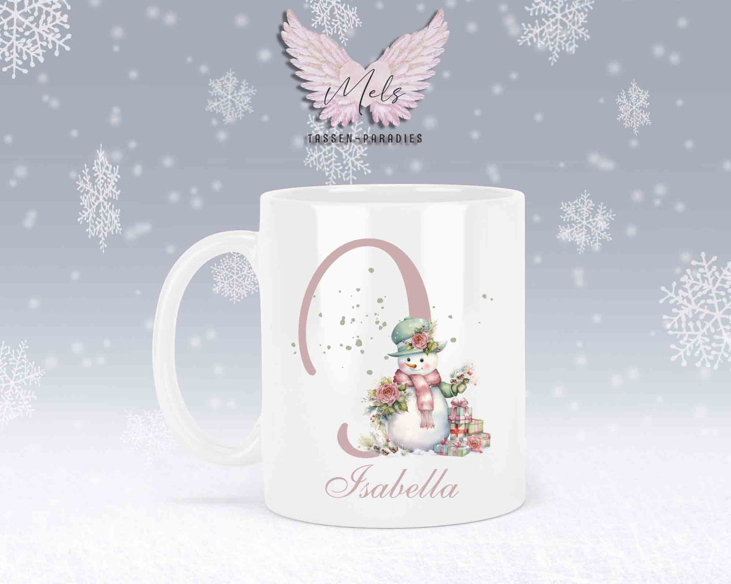 Schneemann Rosa-Alphabet mit Name - Personalisierte Keramik-Tasse Weiß