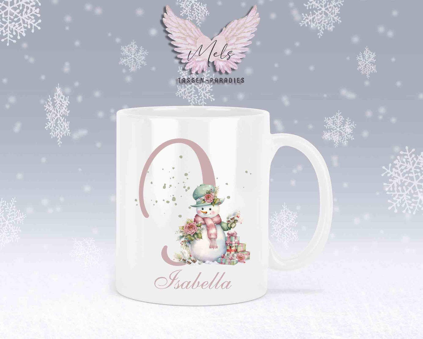 Schneemann Rosa-Alphabet mit Name - Personalisierte Keramik-Tasse Weiß