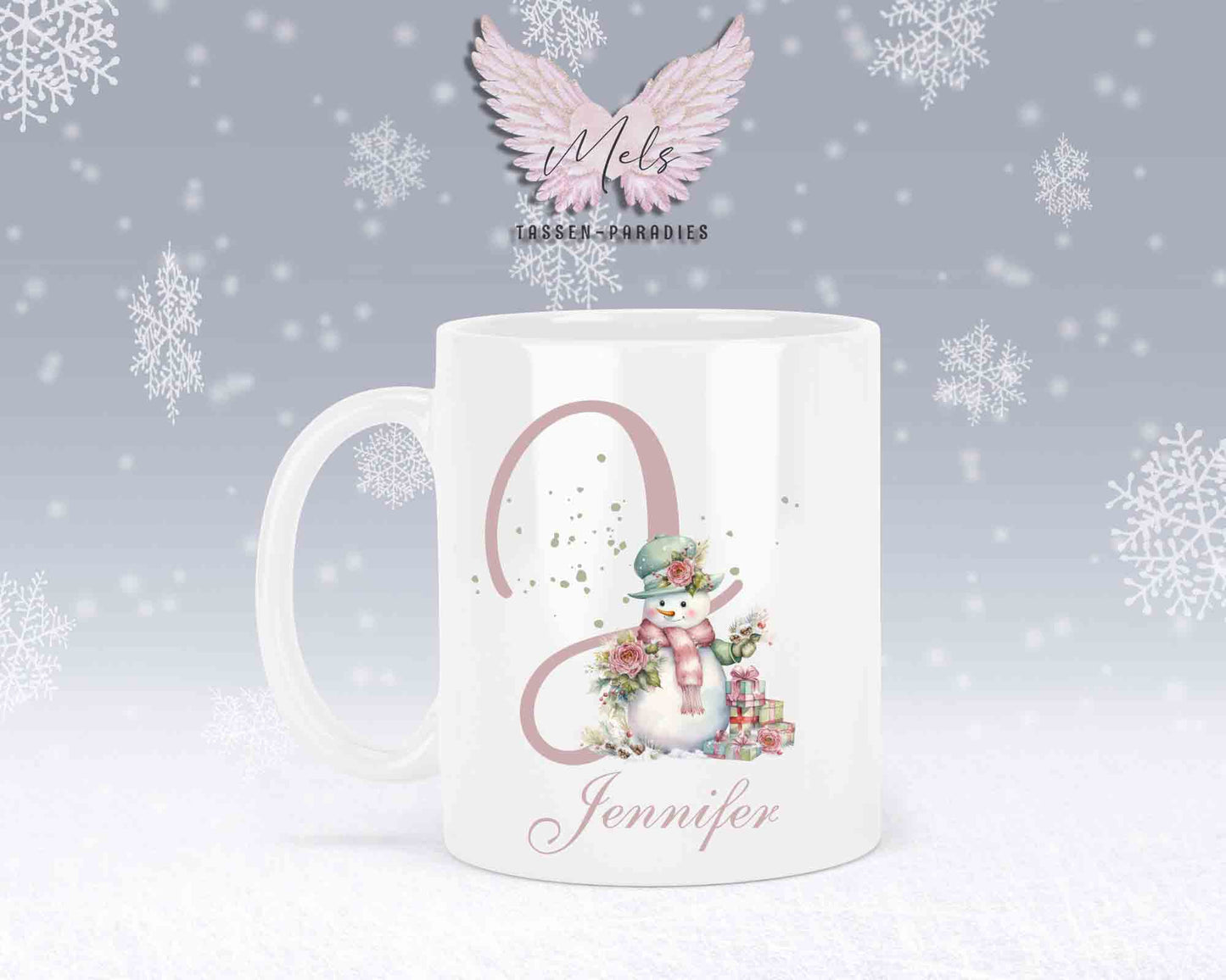 Schneemann Rosa-Alphabet mit Name - Personalisierte Keramik-Tasse Weiß