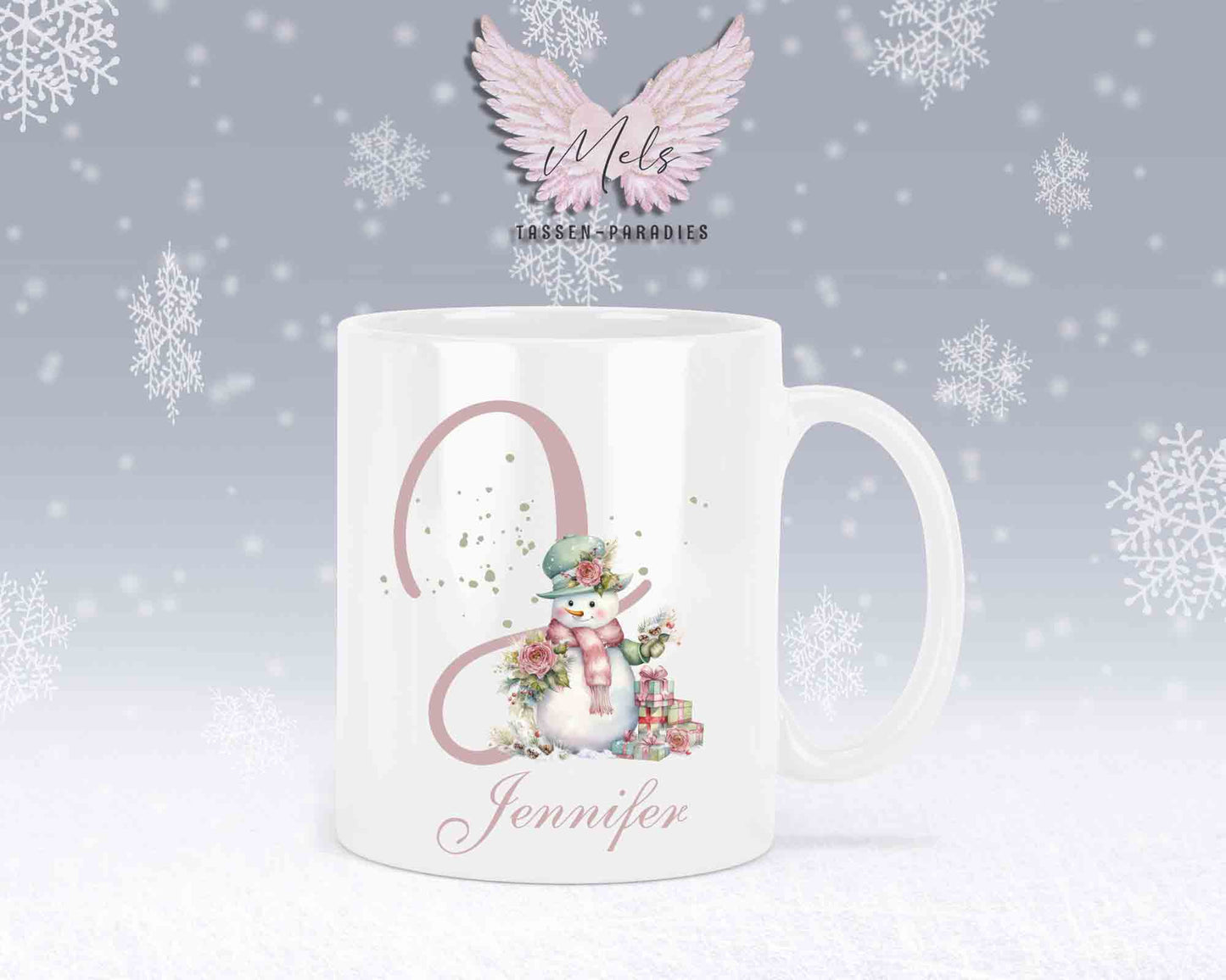 Schneemann Rosa-Alphabet mit Name - Personalisierte Keramik-Tasse Weiß