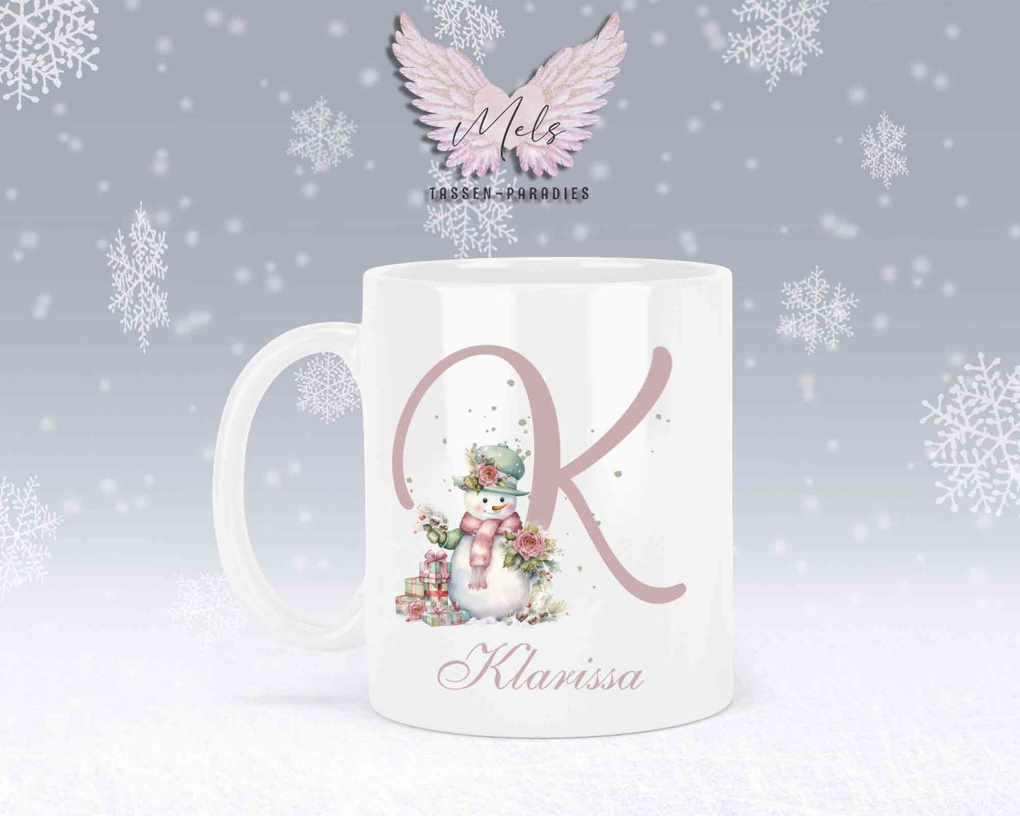 Schneemann Rosa-Alphabet mit Name - Personalisierte Keramik-Tasse Weiß