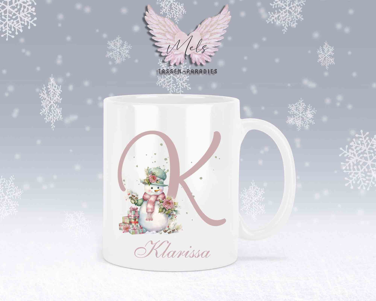 Schneemann Rosa-Alphabet mit Name - Personalisierte Keramik-Tasse Weiß