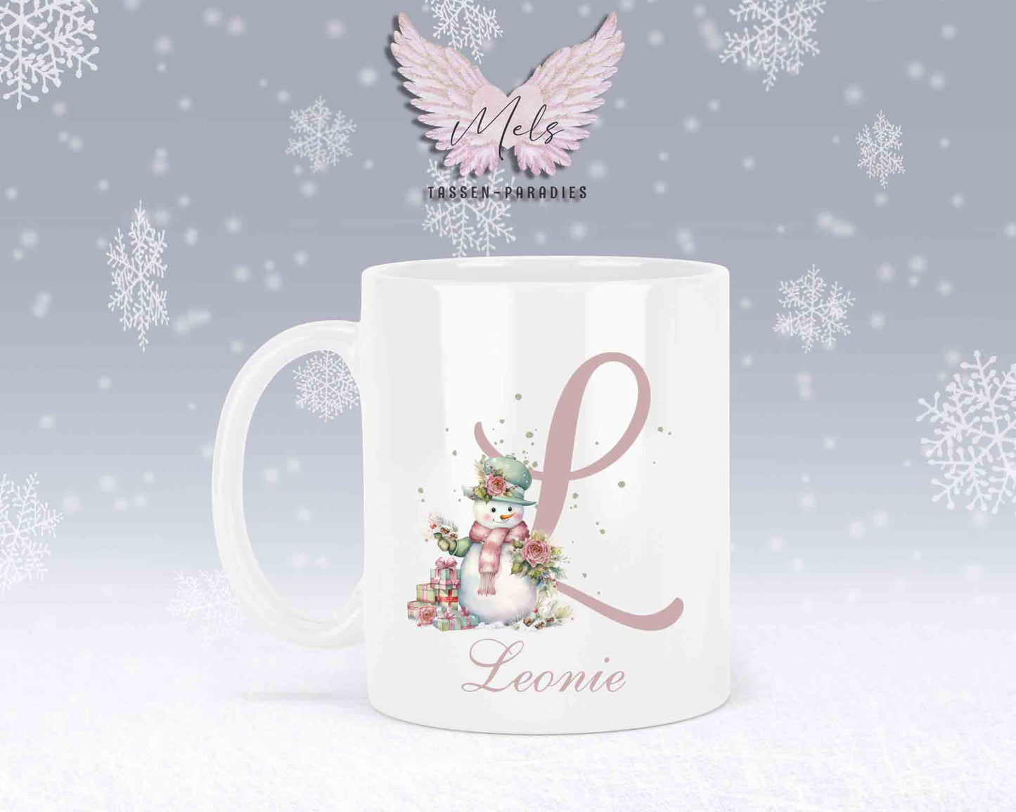 Schneemann Rosa-Alphabet mit Name - Personalisierte Keramik-Tasse Weiß