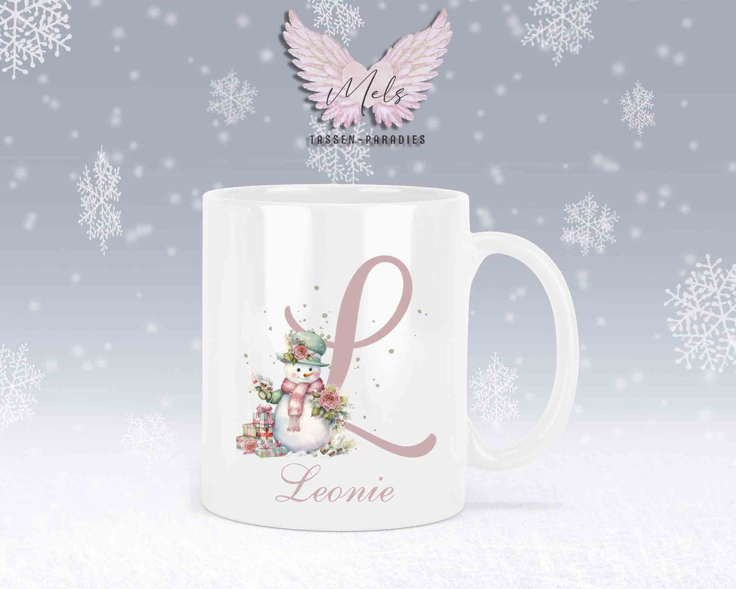 Schneemann Rosa-Alphabet mit Name - Personalisierte Keramik-Tasse Weiß