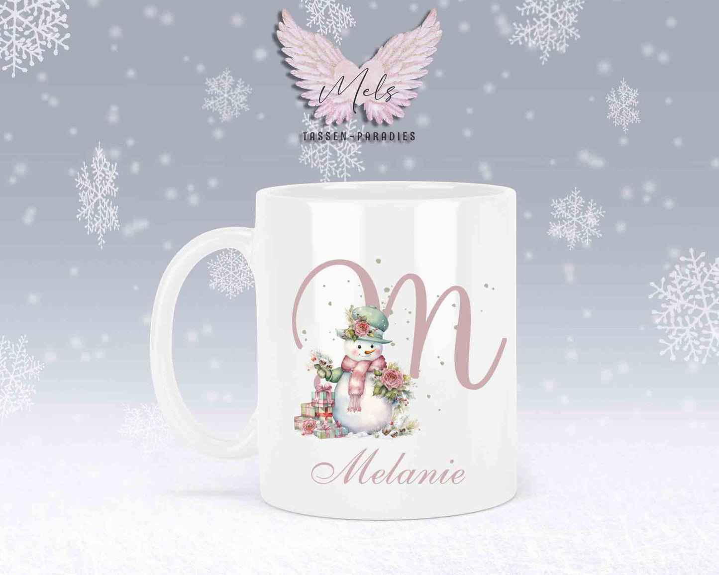 Schneemann Rosa-Alphabet mit Name - Personalisierte Keramik-Tasse Weiß