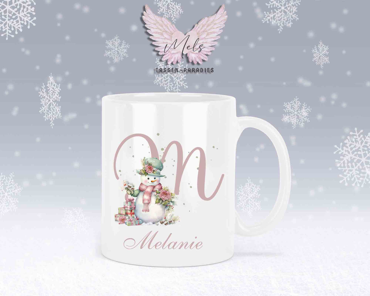 Schneemann Rosa-Alphabet mit Name - Personalisierte Keramik-Tasse Weiß