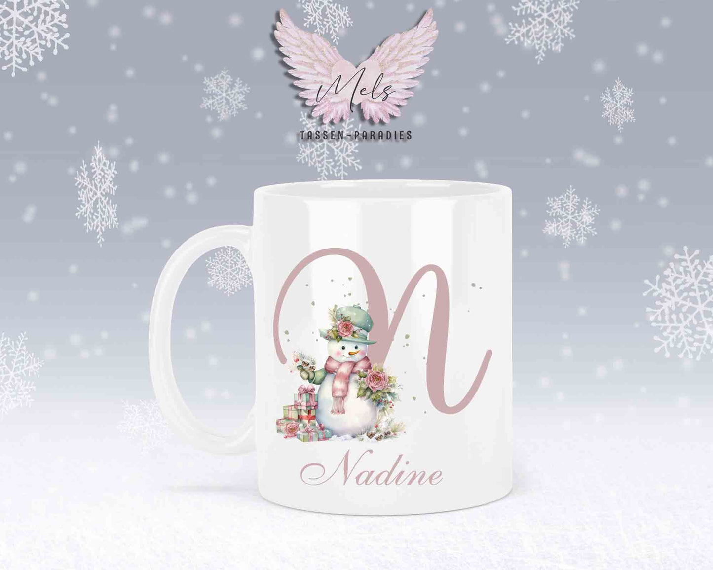 Schneemann Rosa-Alphabet mit Name - Personalisierte Keramik-Tasse Weiß