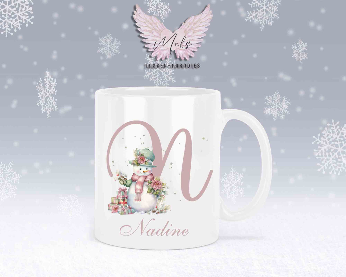 Schneemann Rosa-Alphabet mit Name - Personalisierte Keramik-Tasse Weiß