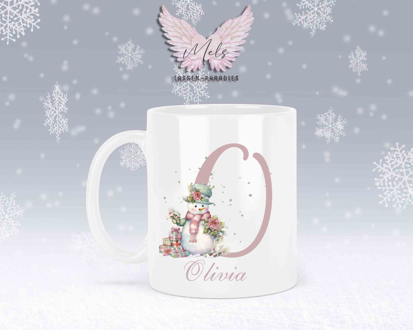 Schneemann Rosa-Alphabet mit Name - Personalisierte Keramik-Tasse Weiß