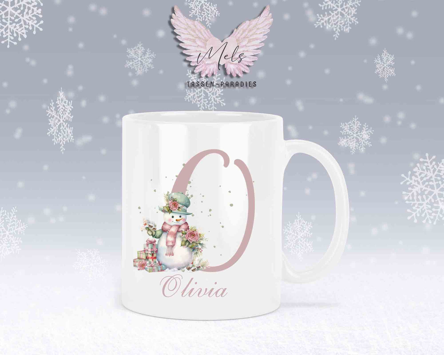 Schneemann Rosa-Alphabet mit Name - Personalisierte Keramik-Tasse Weiß