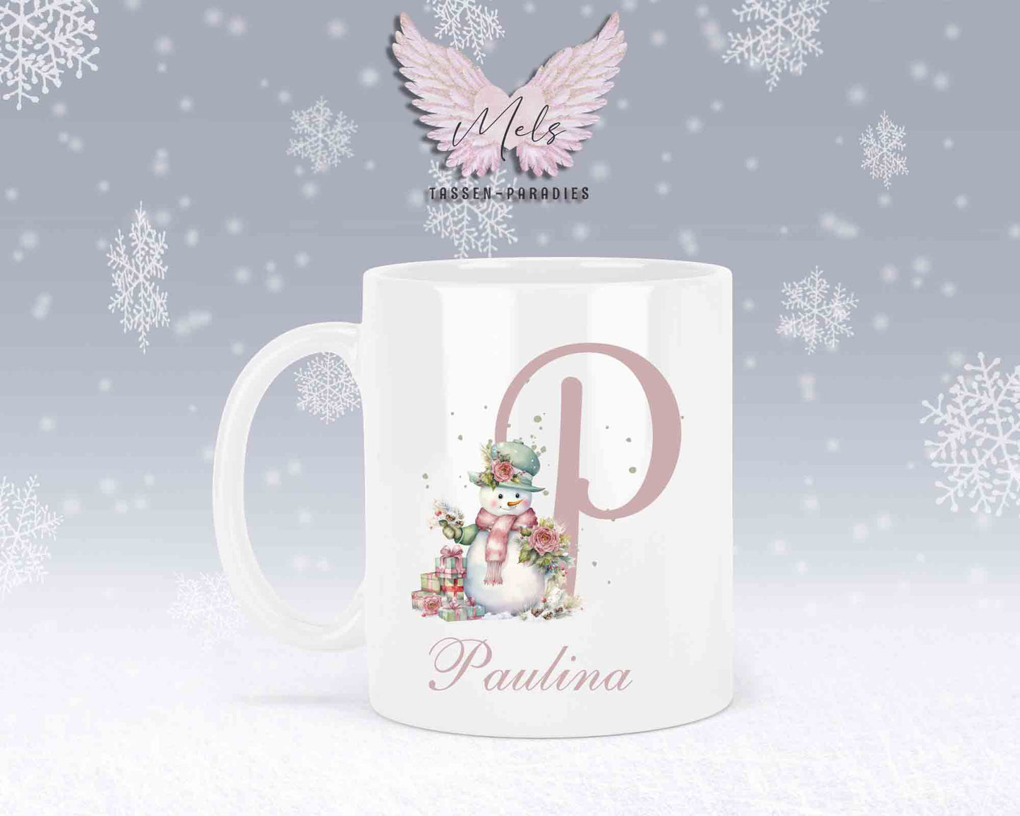 Schneemann Rosa-Alphabet mit Name - Personalisierte Keramik-Tasse Weiß