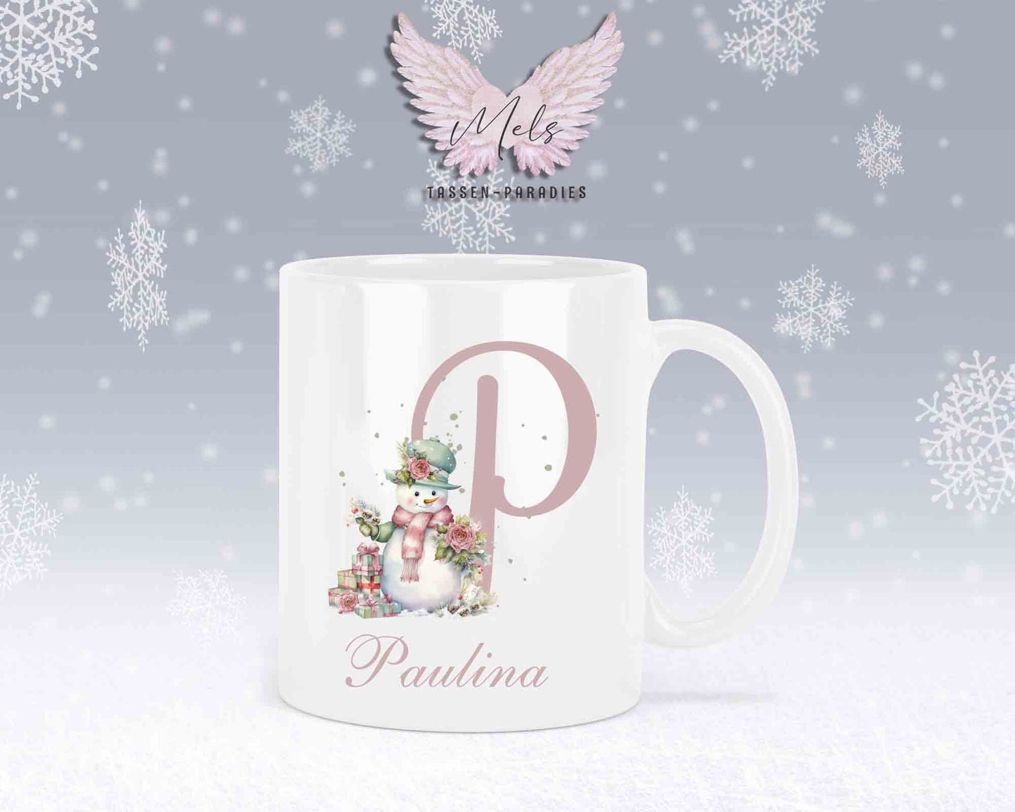 Schneemann Rosa-Alphabet mit Name - Personalisierte Keramik-Tasse Weiß