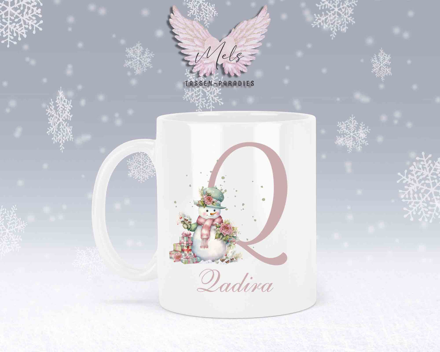 Schneemann Rosa-Alphabet mit Name - Personalisierte Keramik-Tasse Weiß