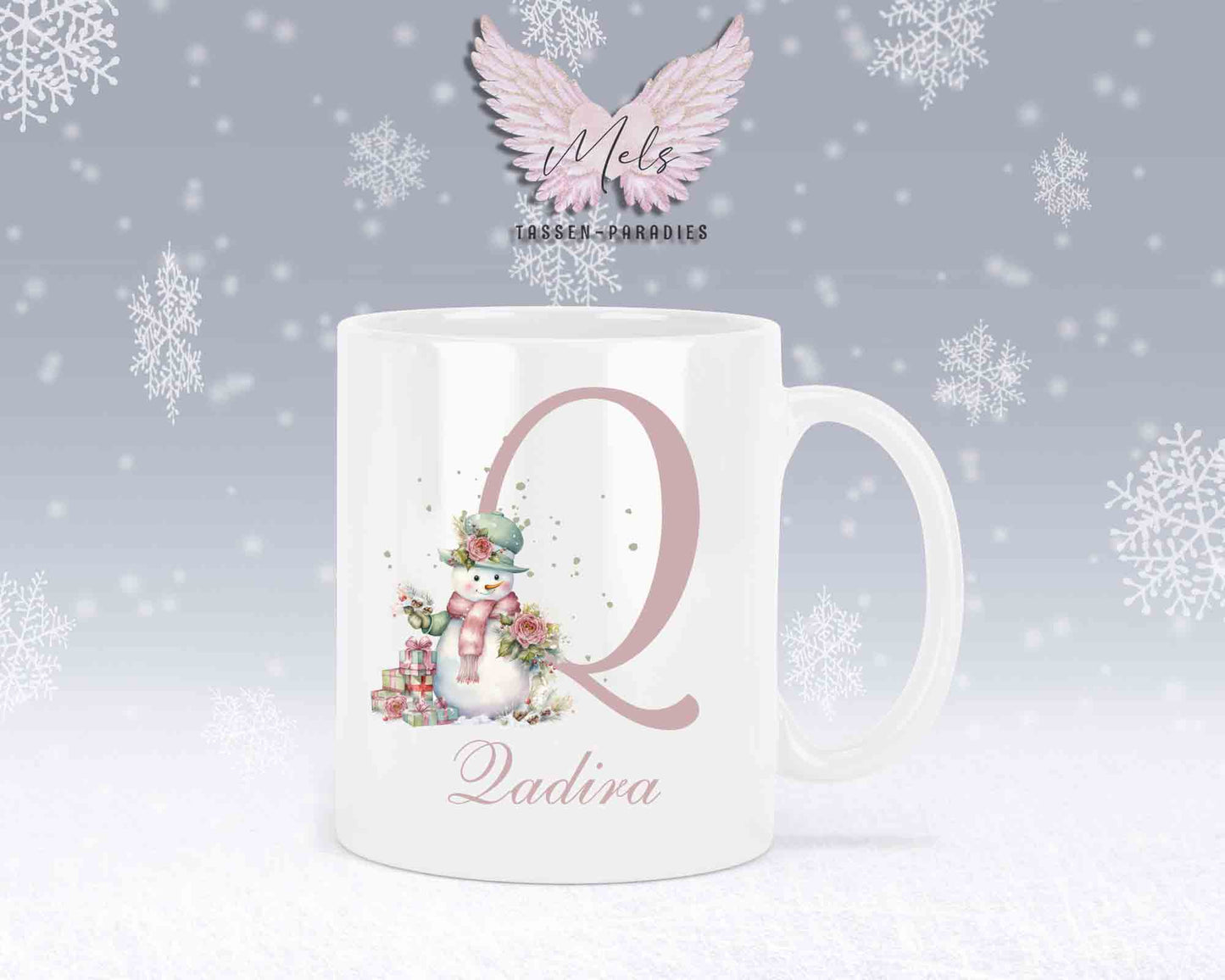 Schneemann Rosa-Alphabet mit Name - Personalisierte Keramik-Tasse Weiß