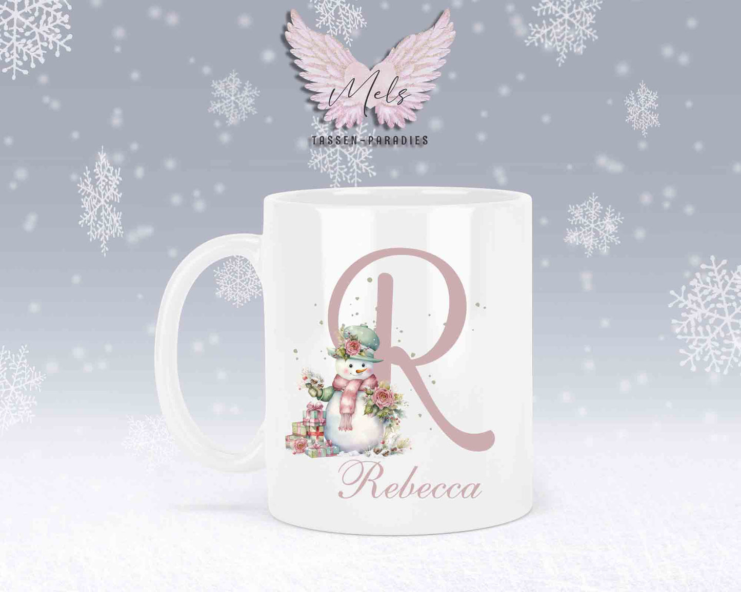 Schneemann Rosa-Alphabet mit Name - Personalisierte Keramik-Tasse Weiß