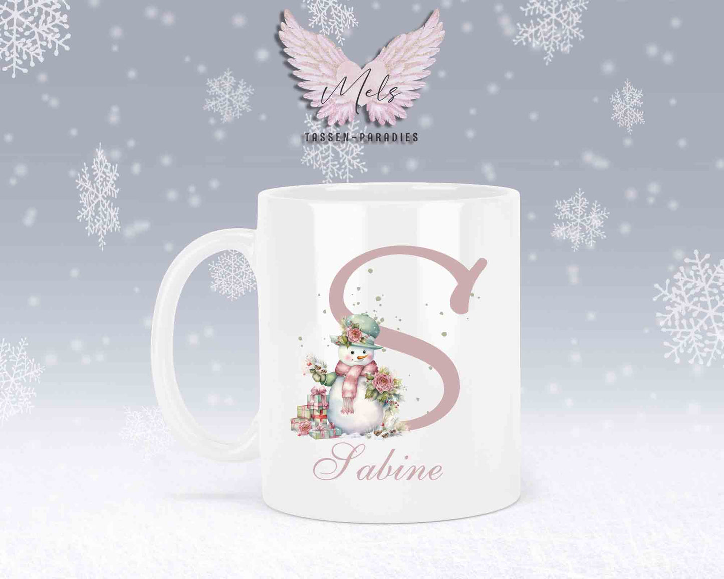 Schneemann Rosa-Alphabet mit Name - Personalisierte Keramik-Tasse Weiß