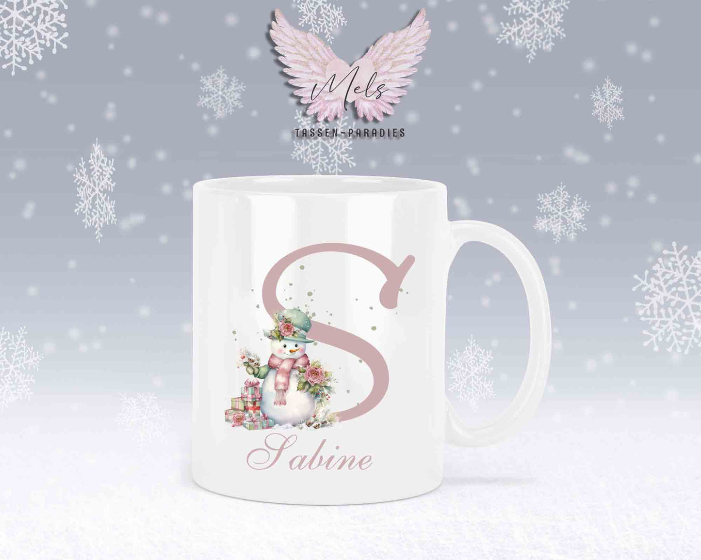 Schneemann Rosa-Alphabet mit Name - Personalisierte Keramik-Tasse Weiß