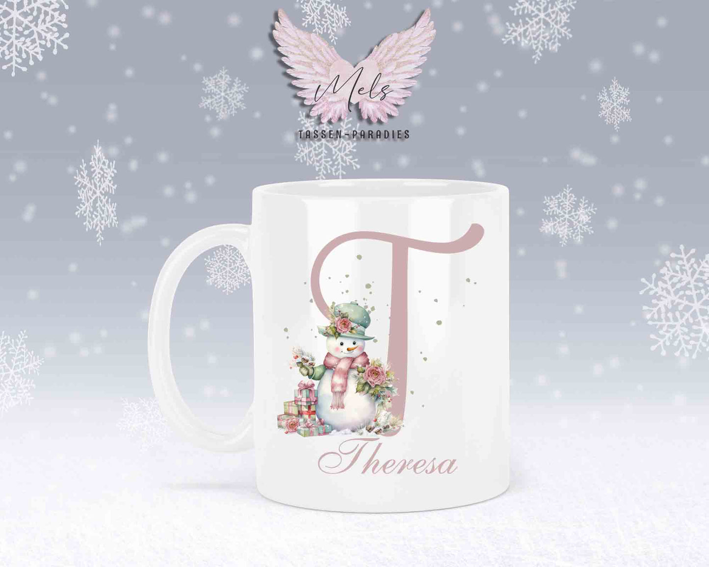 Schneemann Rosa-Alphabet mit Name - Personalisierte Keramik-Tasse Weiß