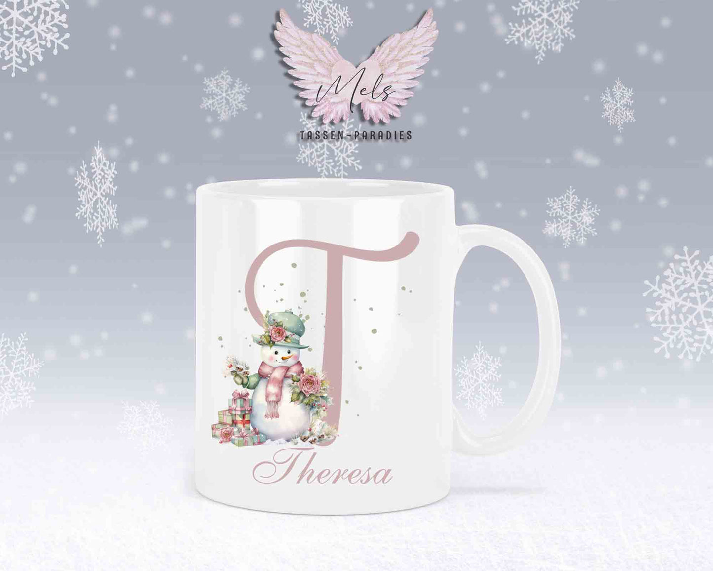 Schneemann Rosa-Alphabet mit Name - Personalisierte Keramik-Tasse Weiß