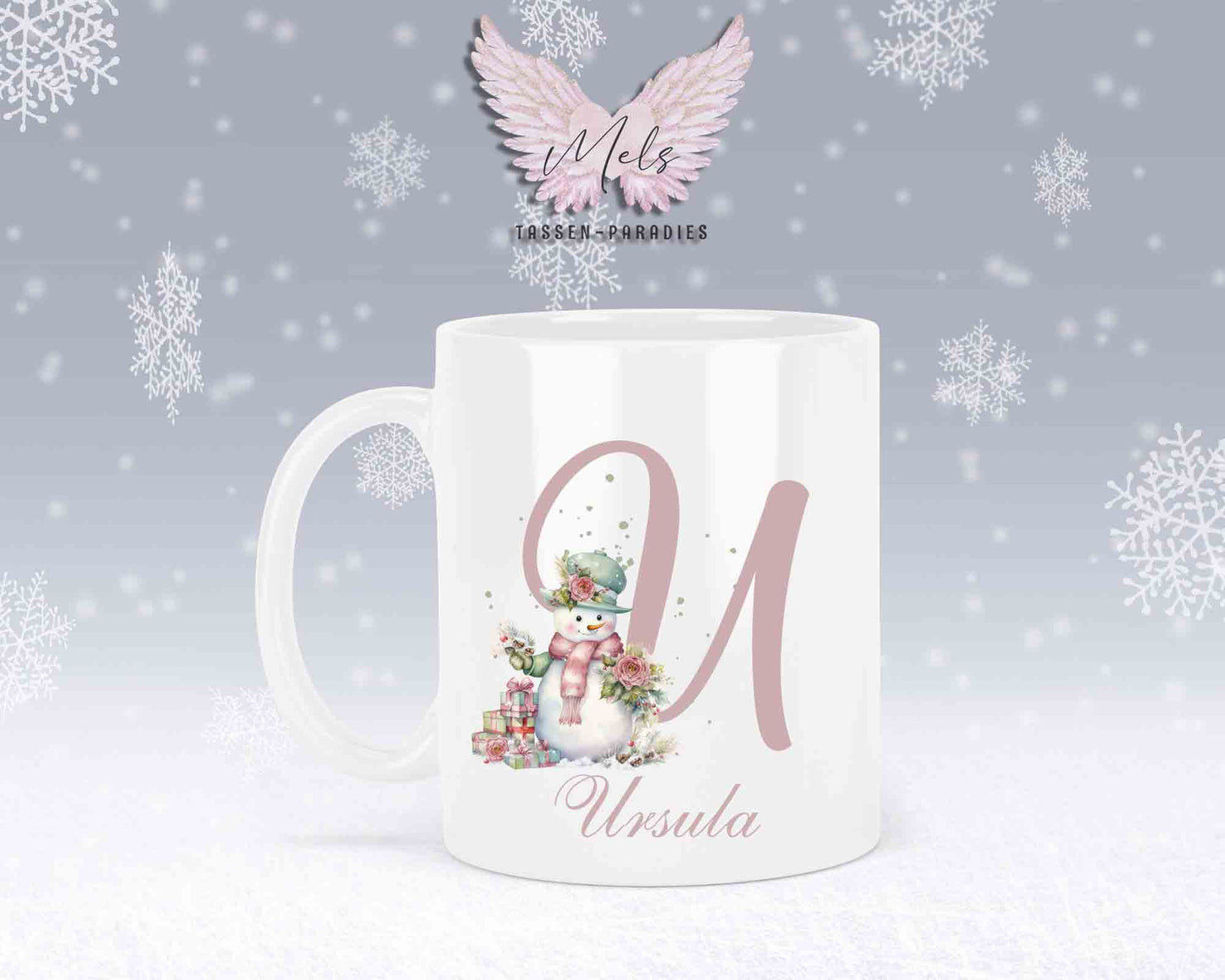 Schneemann Rosa-Alphabet mit Name - Personalisierte Keramik-Tasse Weiß