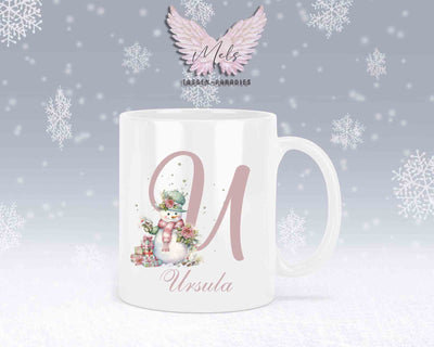 Schneemann Rosa-Alphabet mit Name - Personalisierte Keramik-Tasse Weiß
