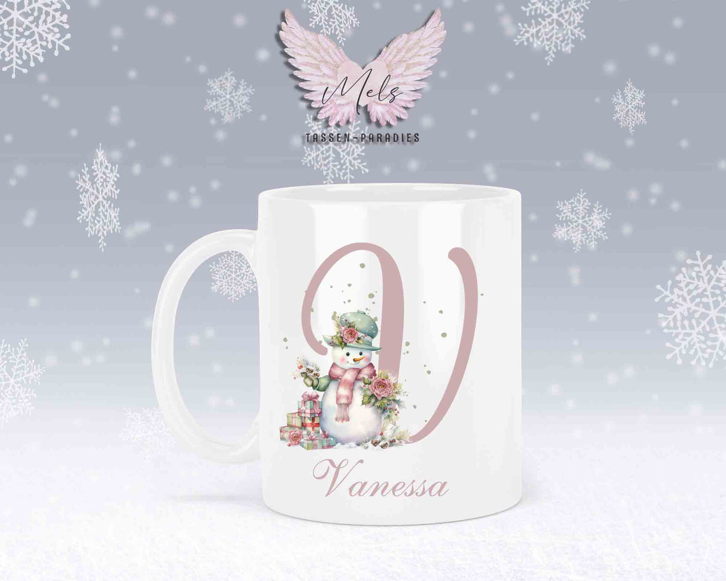 Schneemann Rosa-Alphabet mit Name - Personalisierte Keramik-Tasse Weiß