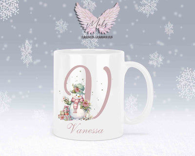 Schneemann Rosa-Alphabet mit Name - Personalisierte Keramik-Tasse Weiß
