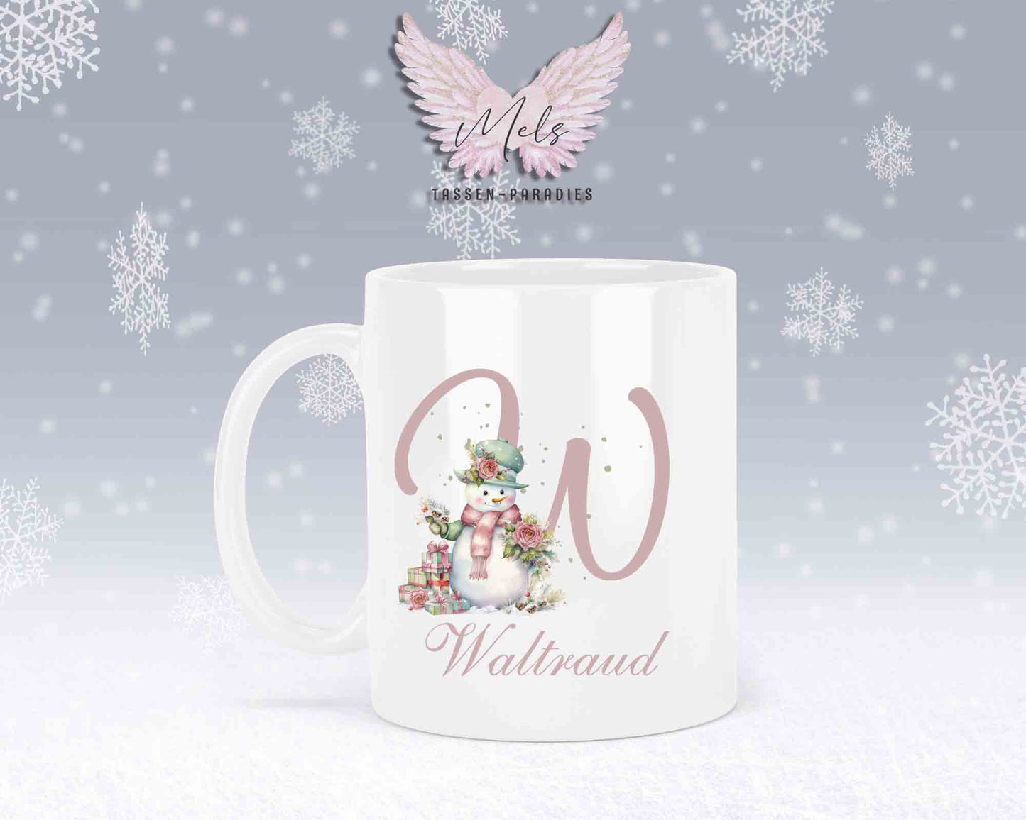 Schneemann Rosa-Alphabet mit Name - Personalisierte Keramik-Tasse Weiß