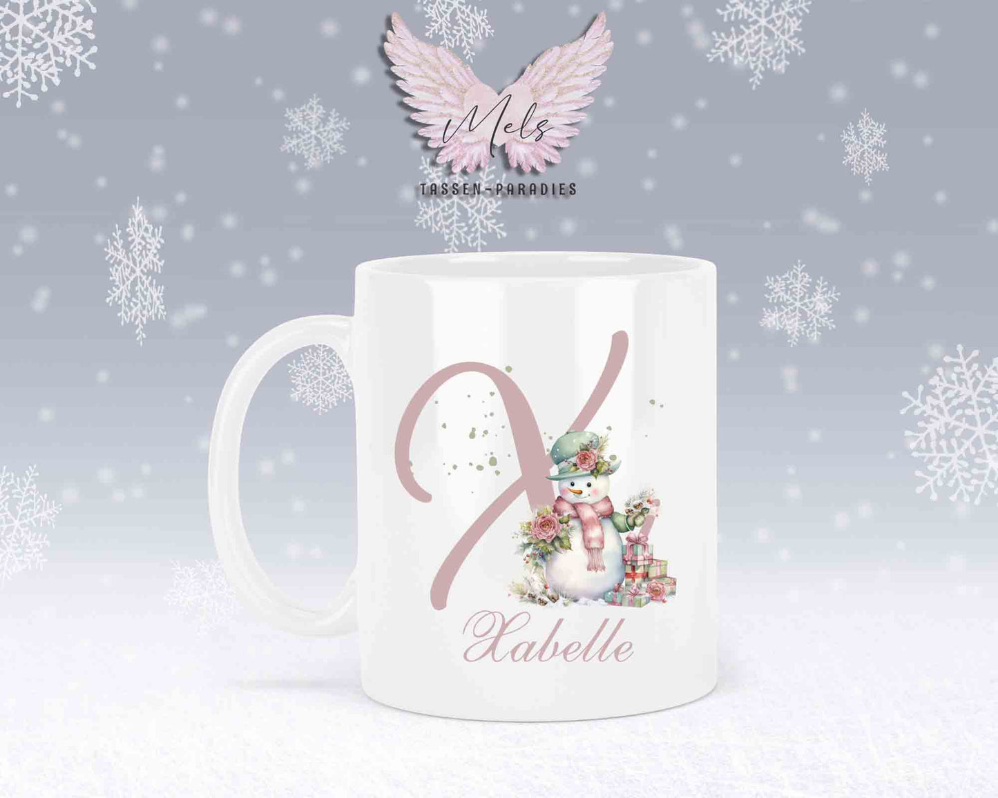 Schneemann Rosa-Alphabet mit Name - Personalisierte Keramik-Tasse Weiß