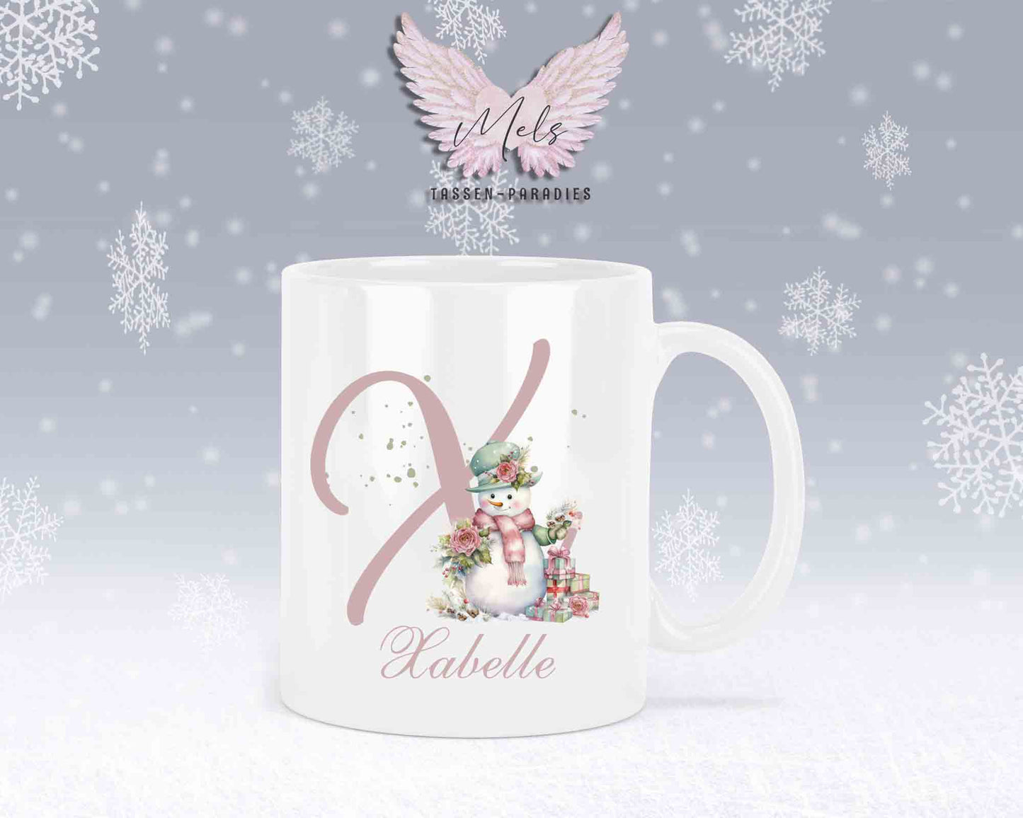 Schneemann Rosa-Alphabet mit Name - Personalisierte Keramik-Tasse Weiß