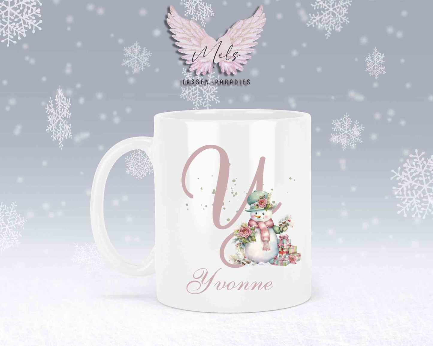 Schneemann Rosa-Alphabet mit Name - Personalisierte Keramik-Tasse Weiß