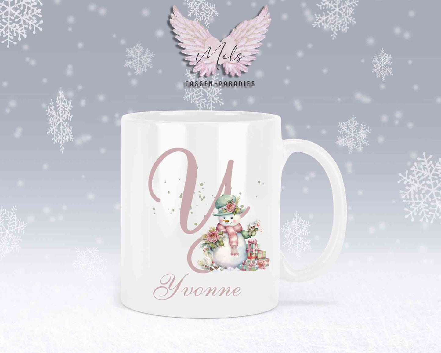 Schneemann Rosa-Alphabet mit Name - Personalisierte Keramik-Tasse Weiß