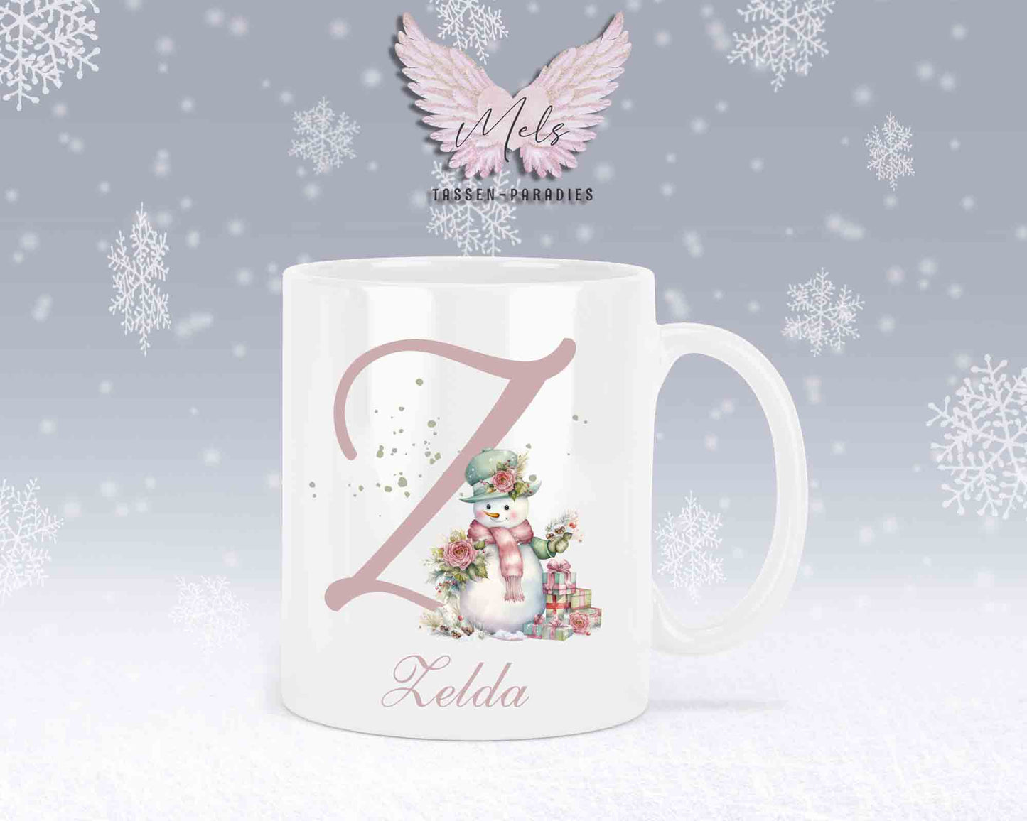 Schneemann Rosa-Alphabet mit Name - Personalisierte Keramik-Tasse Weiß