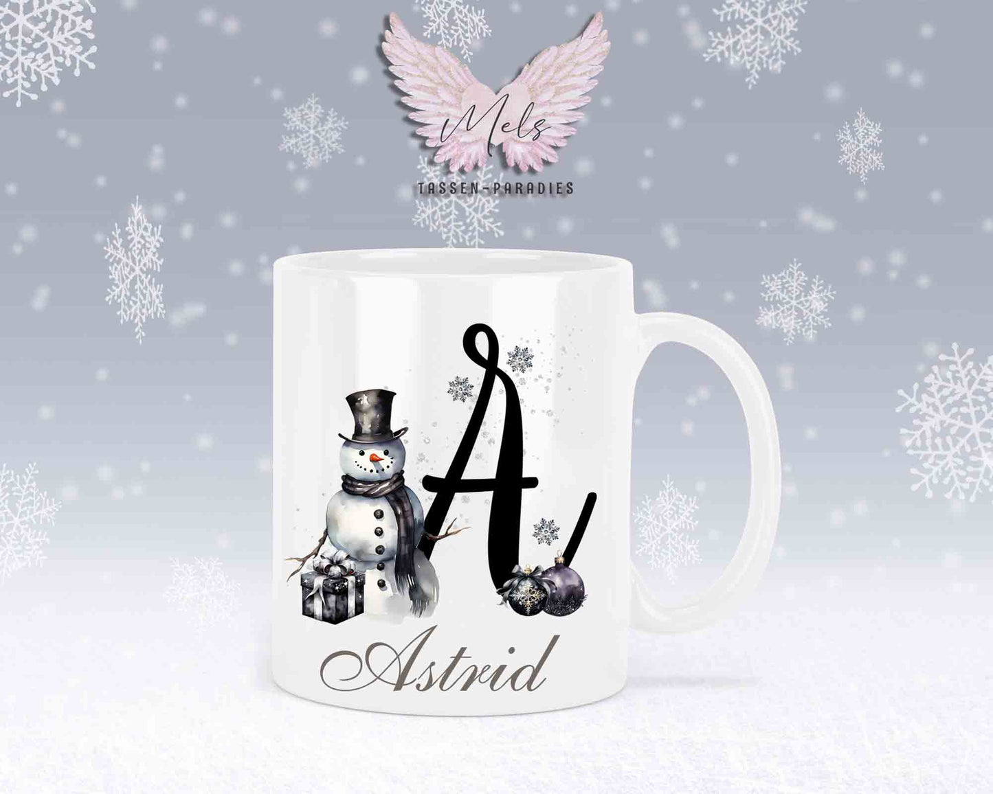 Schneemann Black-Alphabet mit Name - Personalisierte Keramik-Tasse Weiß