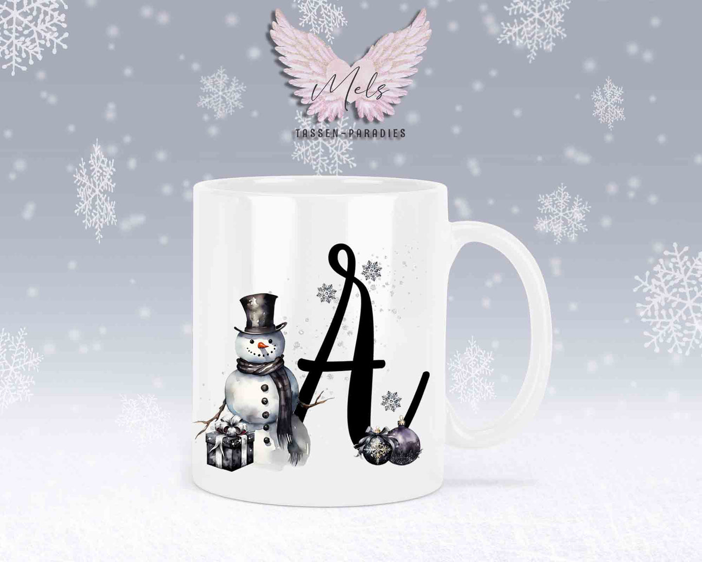 Schneemann Black-Alphabet mit Name - Personalisierte Keramik-Tasse Weiß