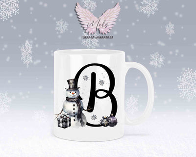 Schneemann Black-Alphabet mit Name - Personalisierte Keramik-Tasse Weiß